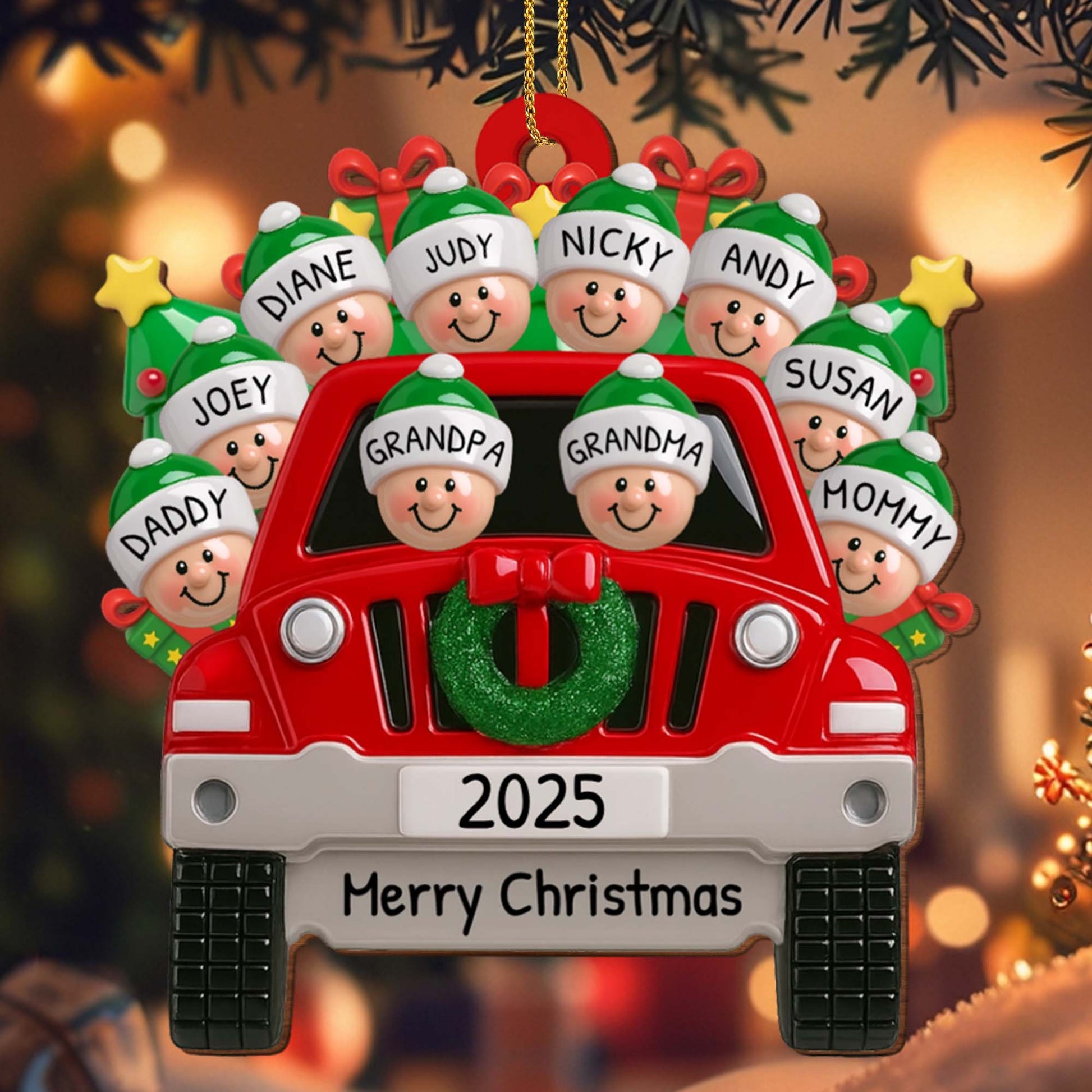 Merry Christmas Family Red Truck Ornament