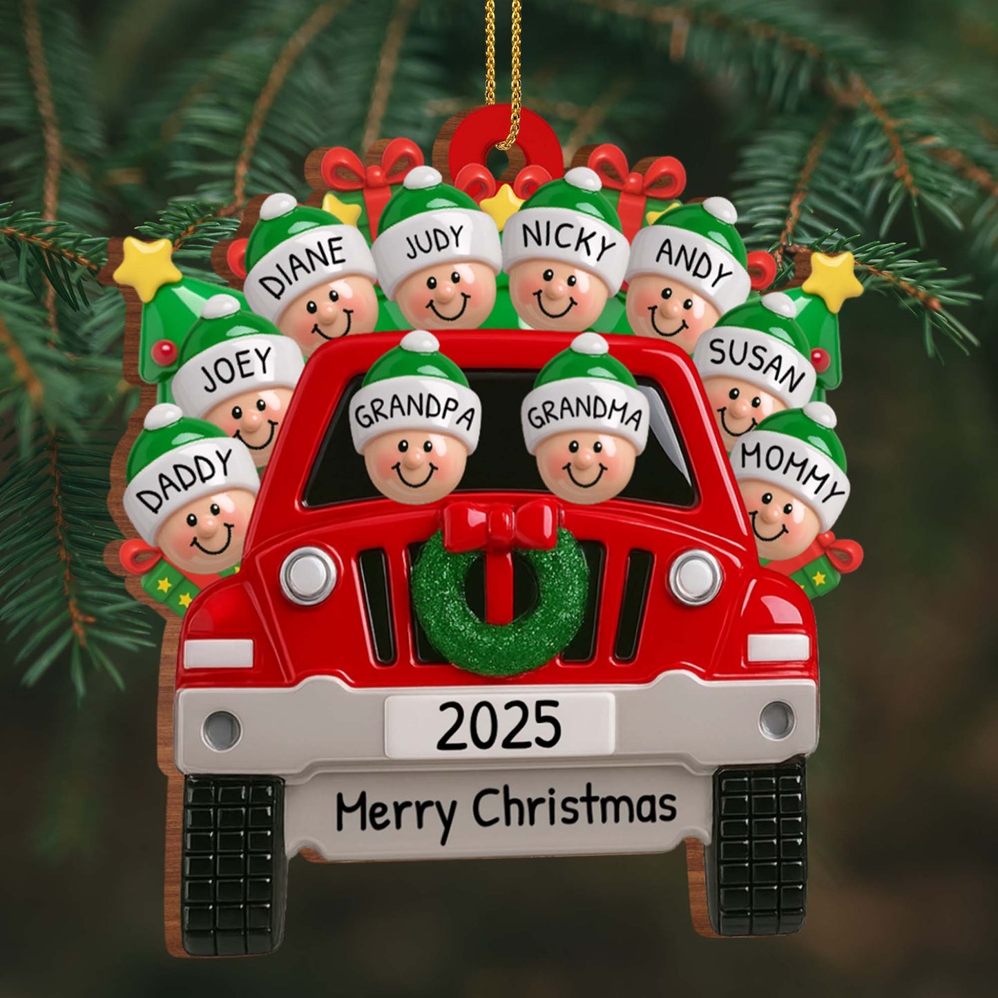 Merry Christmas Family Red Truck Ornament