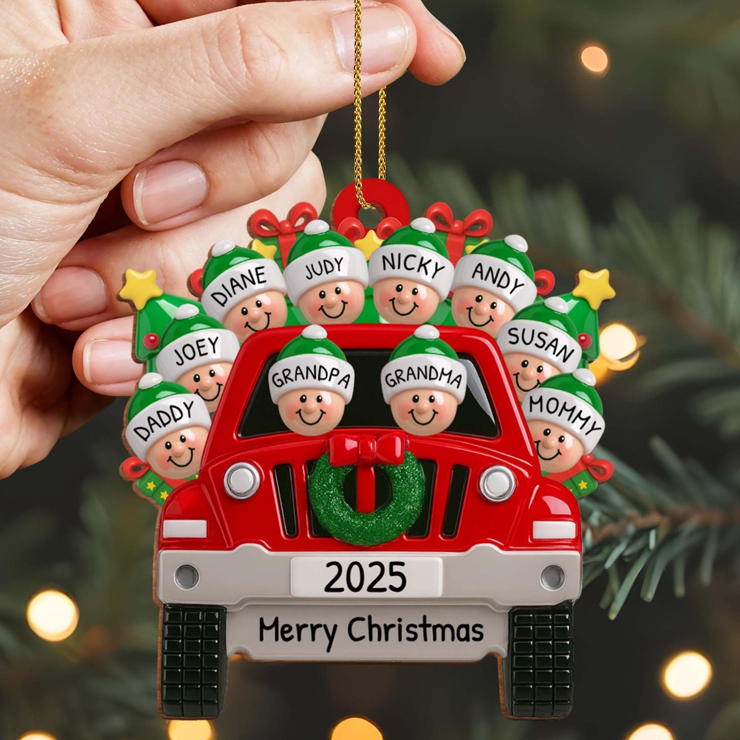 Merry Christmas Family Red Truck Ornament