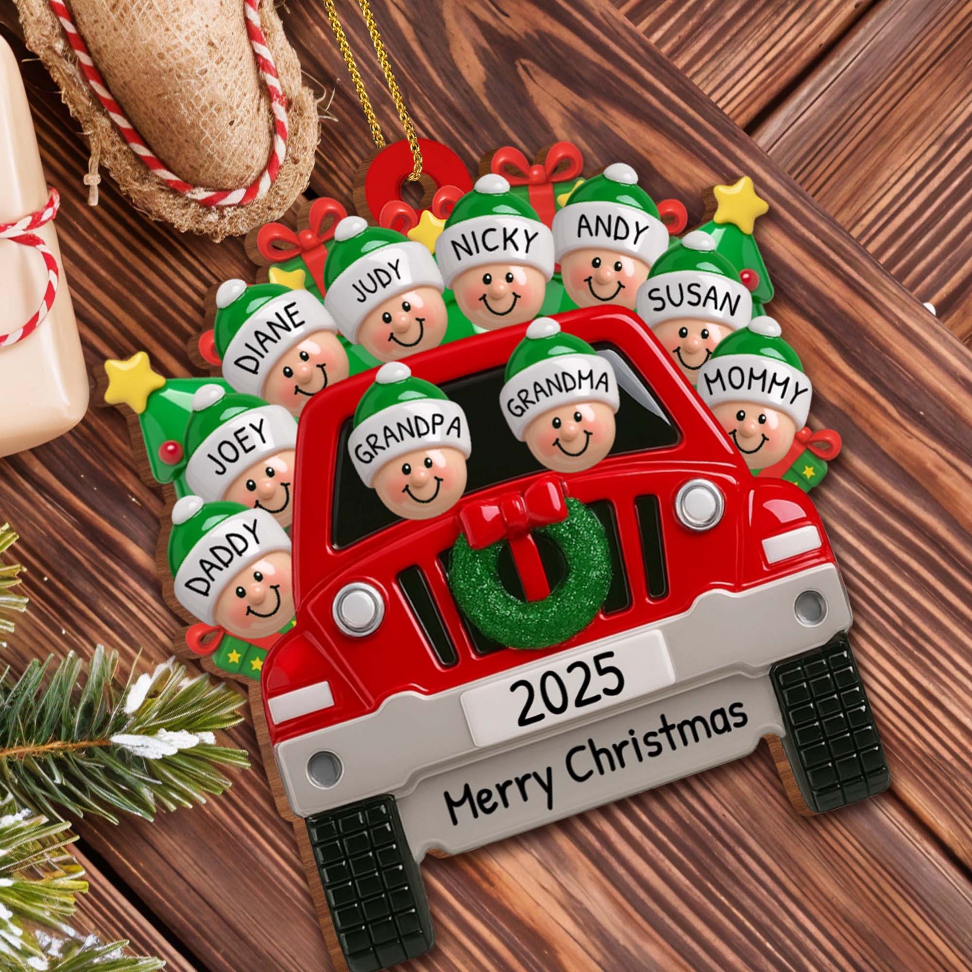 Merry Christmas Family Red Truck Ornament