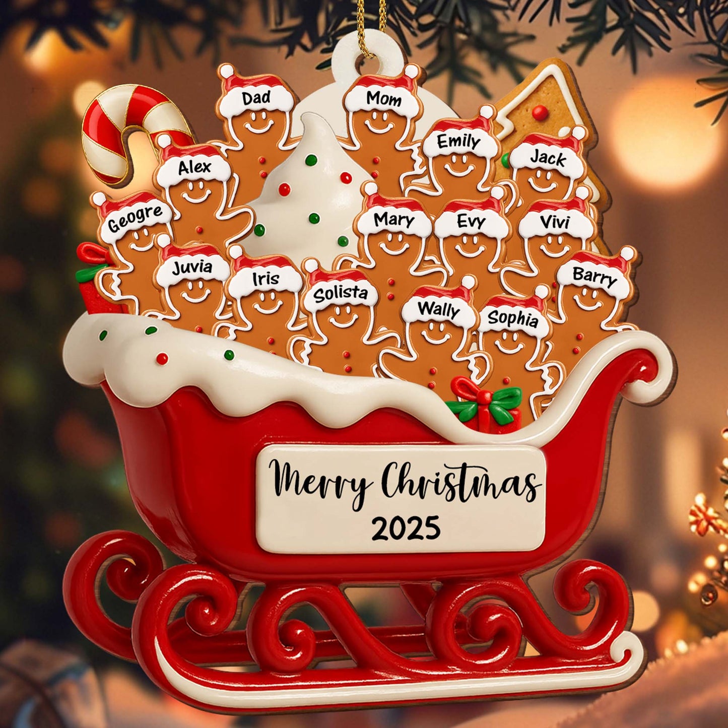 Merry Christmas Family Gingerbread Sleigh Ornament