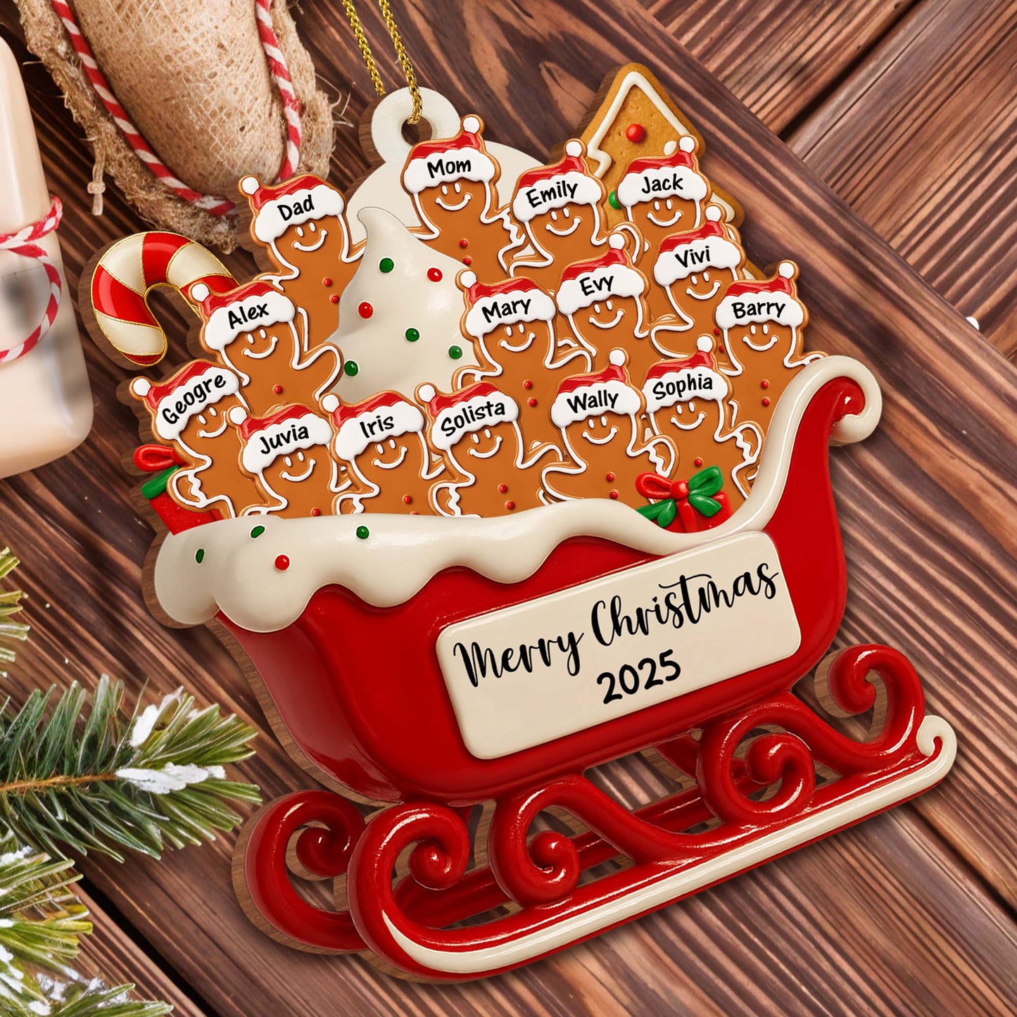 Merry Christmas Family Gingerbread Sleigh Ornament