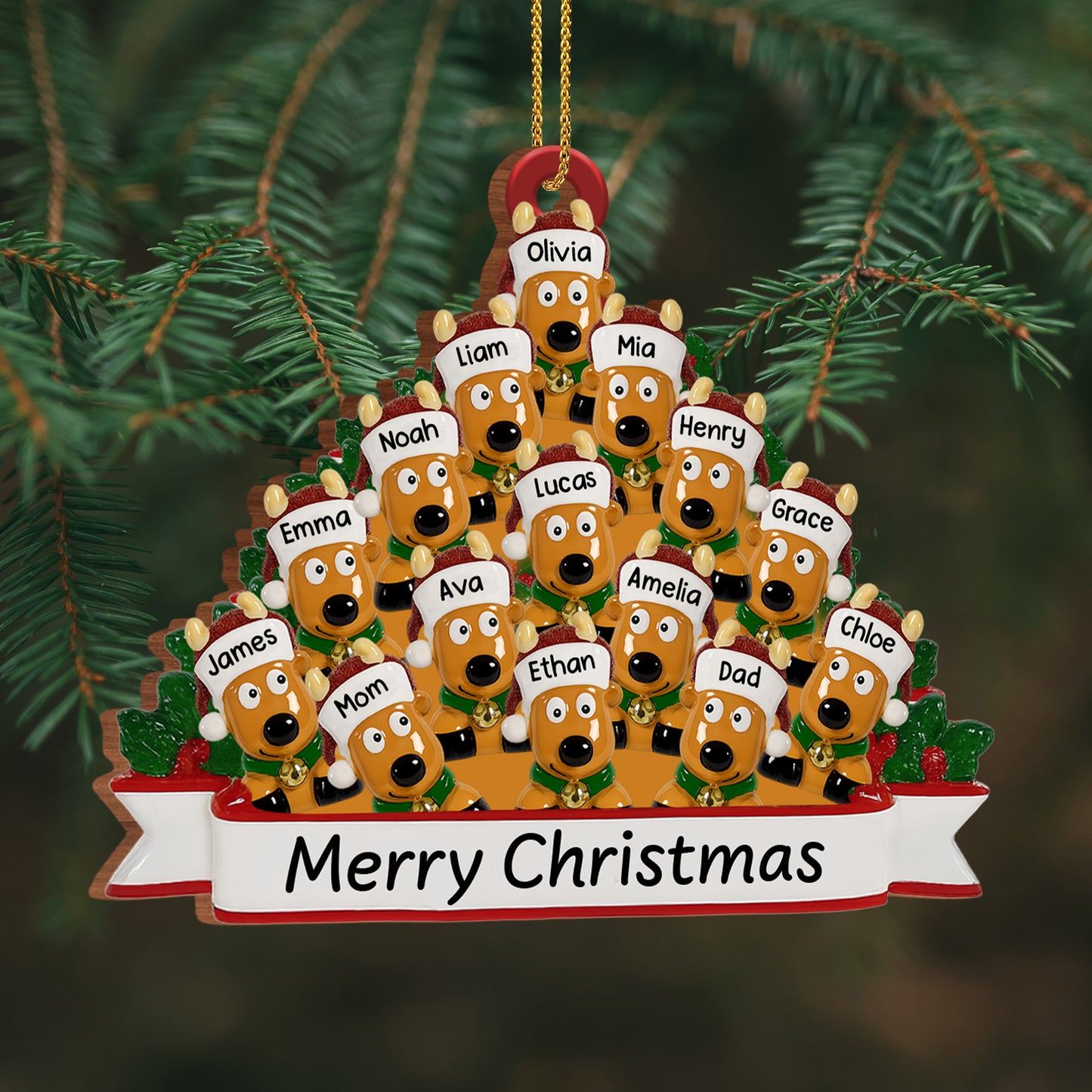 Feliz Navidad con mi familia y mis adorables perritos - Adorno de madera personalizado, forma personalizada - FAM456_WDO