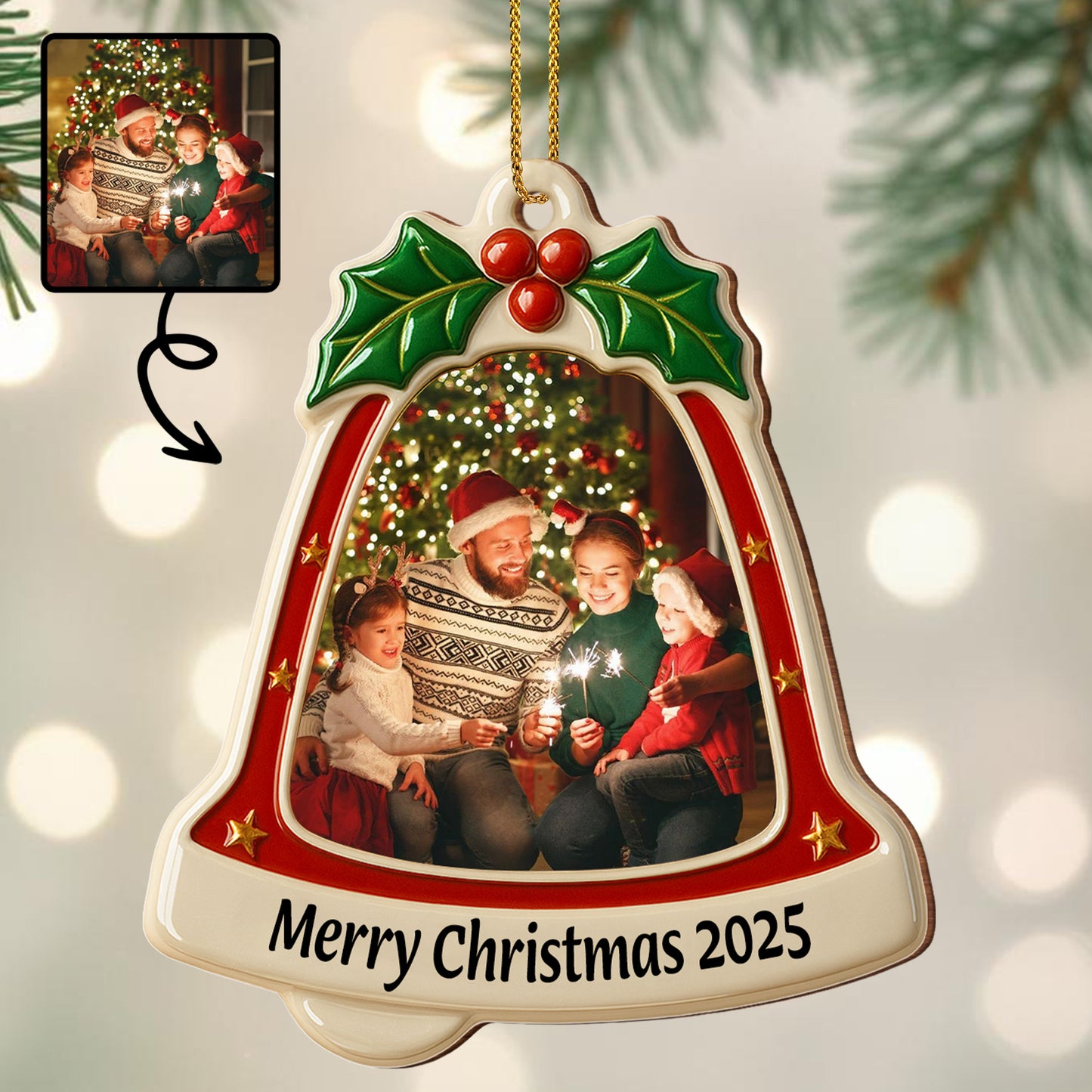 Merry Christmas Bell With Holly and Stars