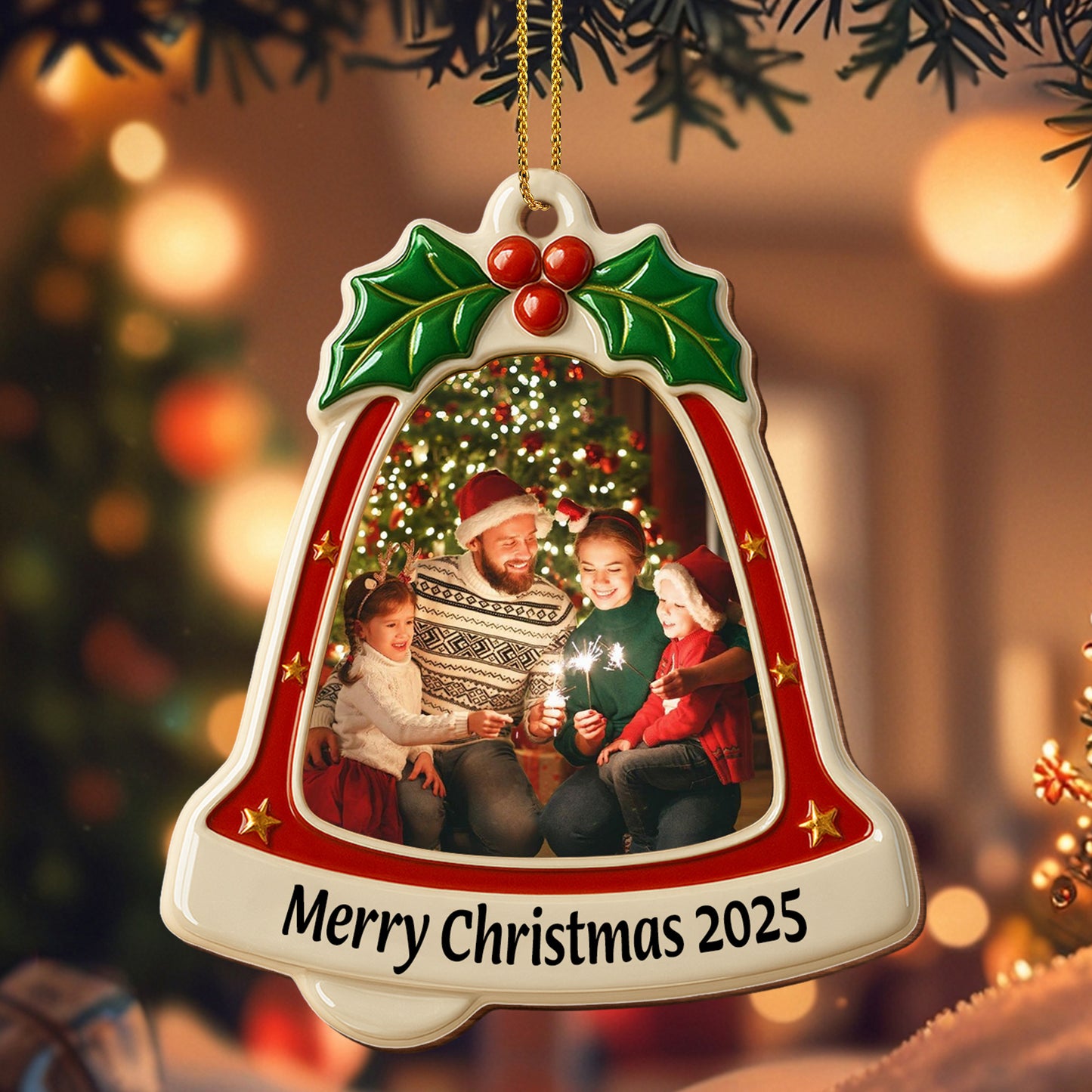 Merry Christmas Bell With Holly and Stars