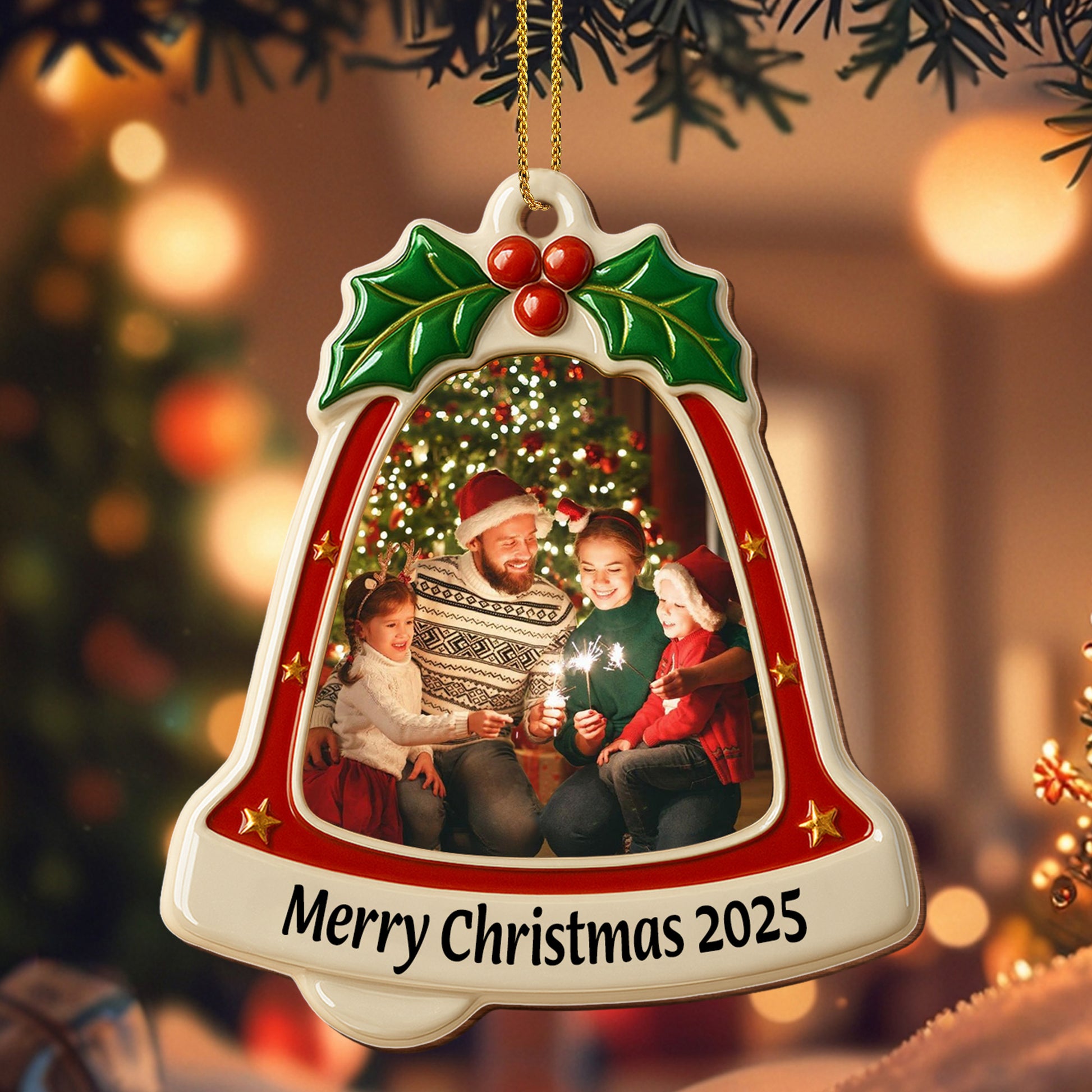 Merry Christmas Bell With Holly and Stars