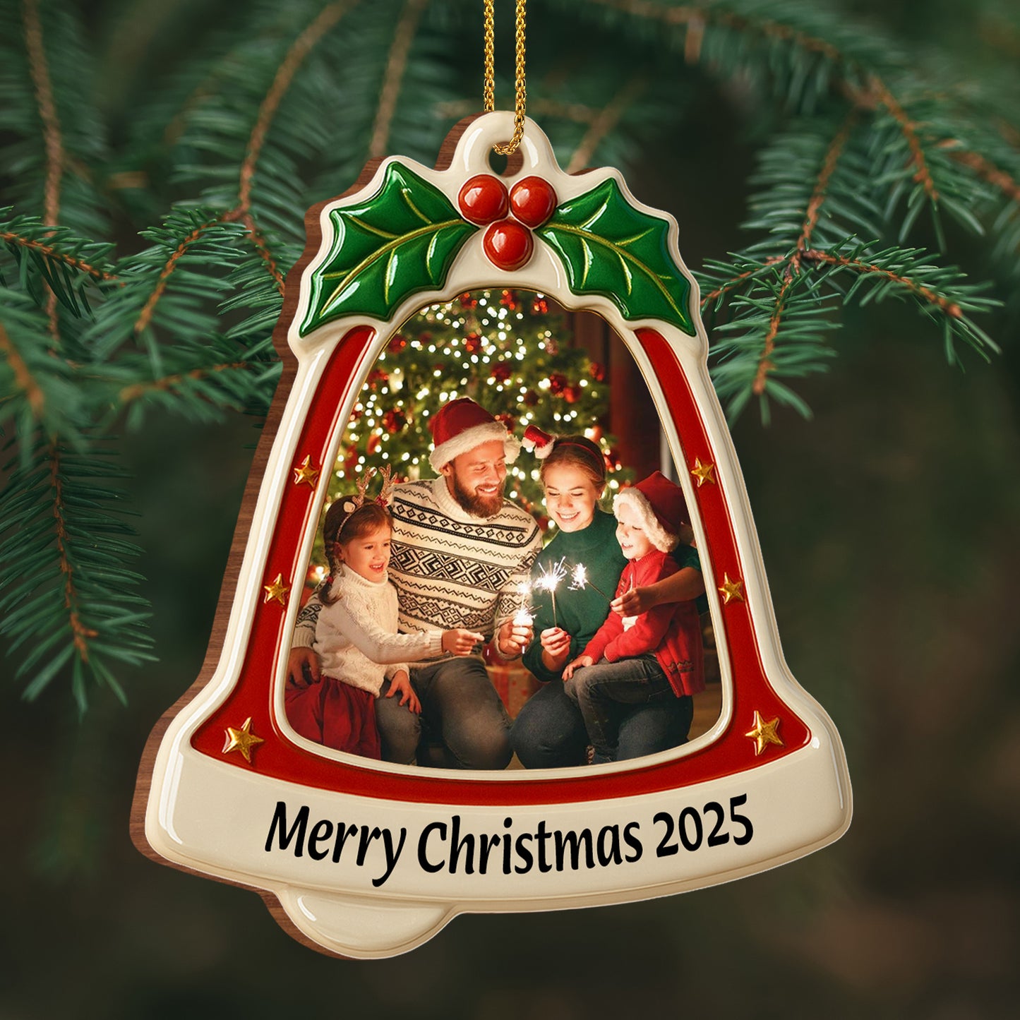 Merry Christmas Bell With Holly and Stars