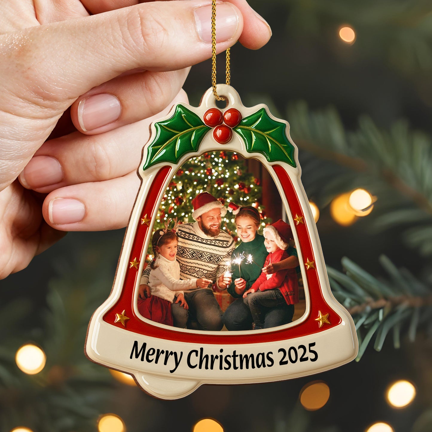 Merry Christmas Bell With Holly and Stars