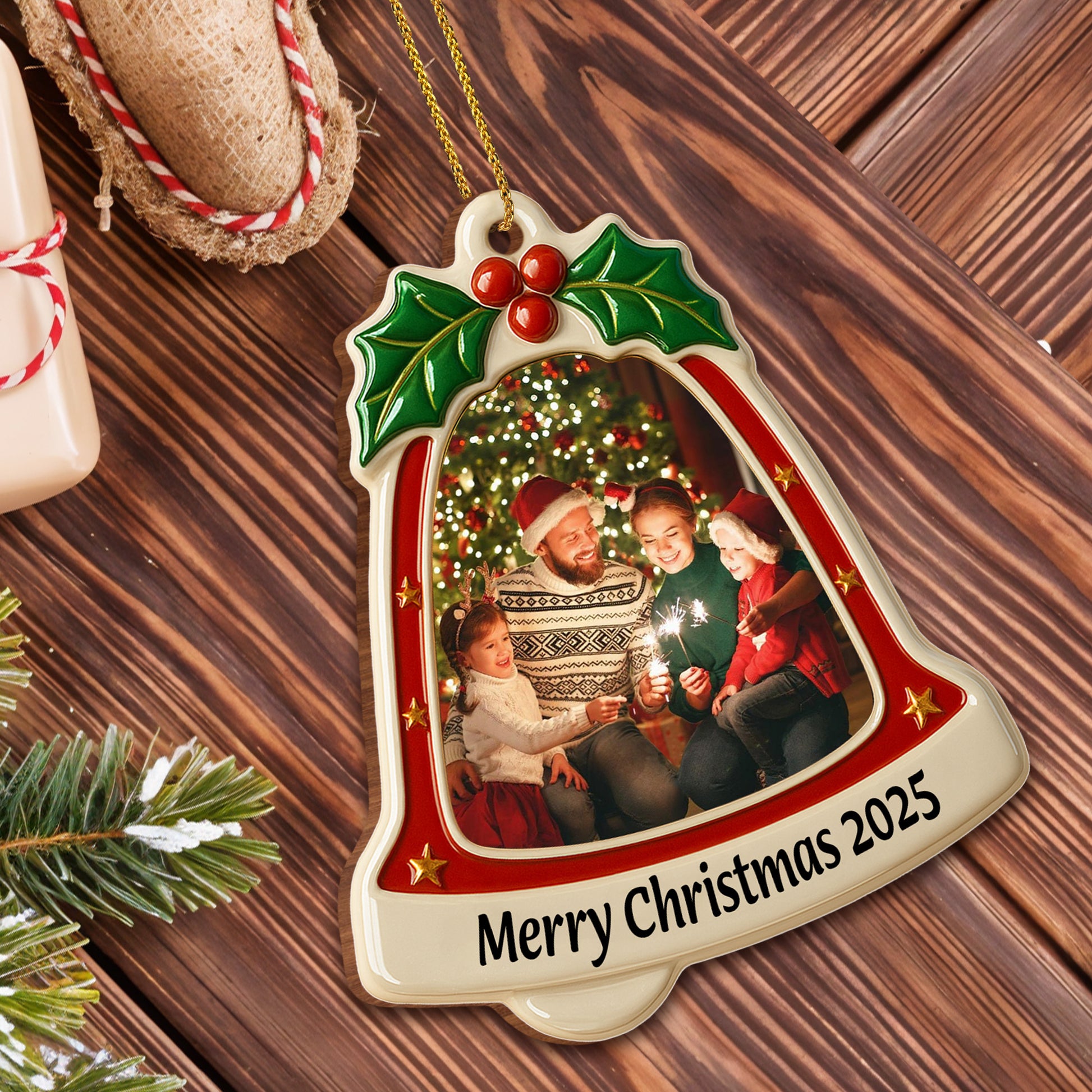 Merry Christmas Bell With Holly and Stars