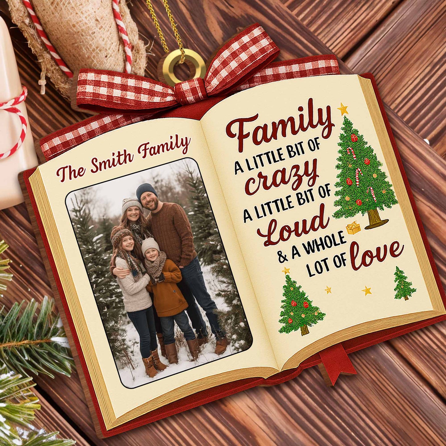 Family A Little Bit Of Crazy, Book & Christmas Tree Design - Personalized Custom Wood Ornament, Custom Shaped - FAM462_WDO