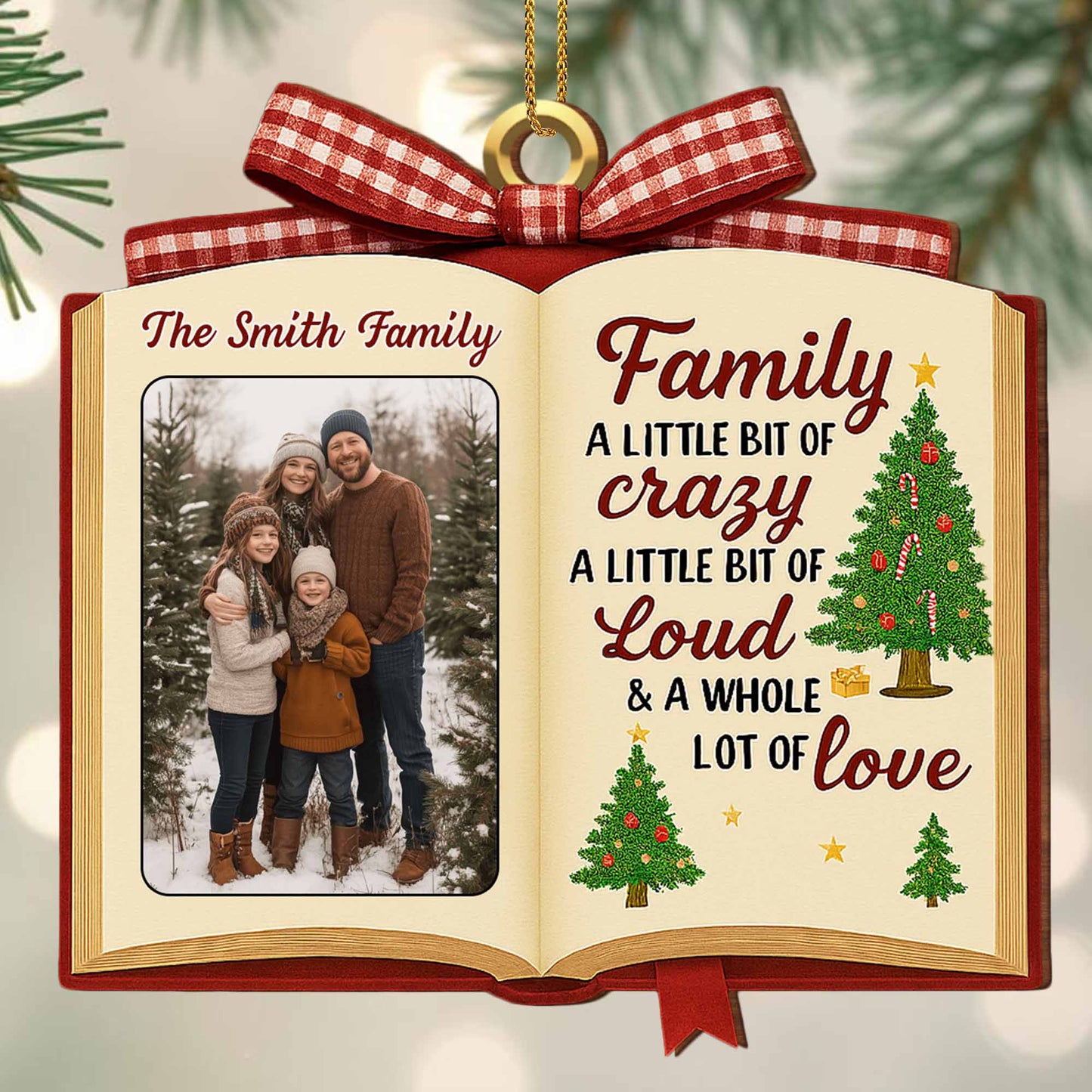 Family A Little Bit Of Crazy, Book & Christmas Tree Design - Personalized Custom Wood Ornament, Custom Shaped - FAM462_WDO