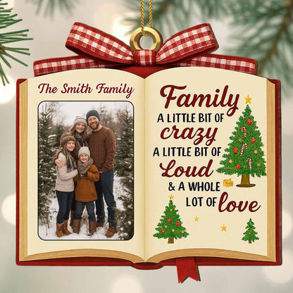 Family A Little Bit Of Crazy, Book & Christmas Tree Design - Personalized Custom Wood Ornament, Custom Shaped - FAM462_WDO