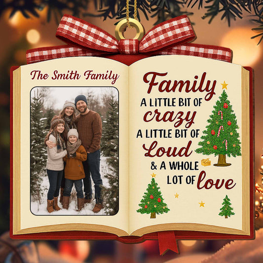 Décoration de Noël en bois personnalisée, motif livre et sapin de Noël, « Un peu de folie » - FAM462_WDO