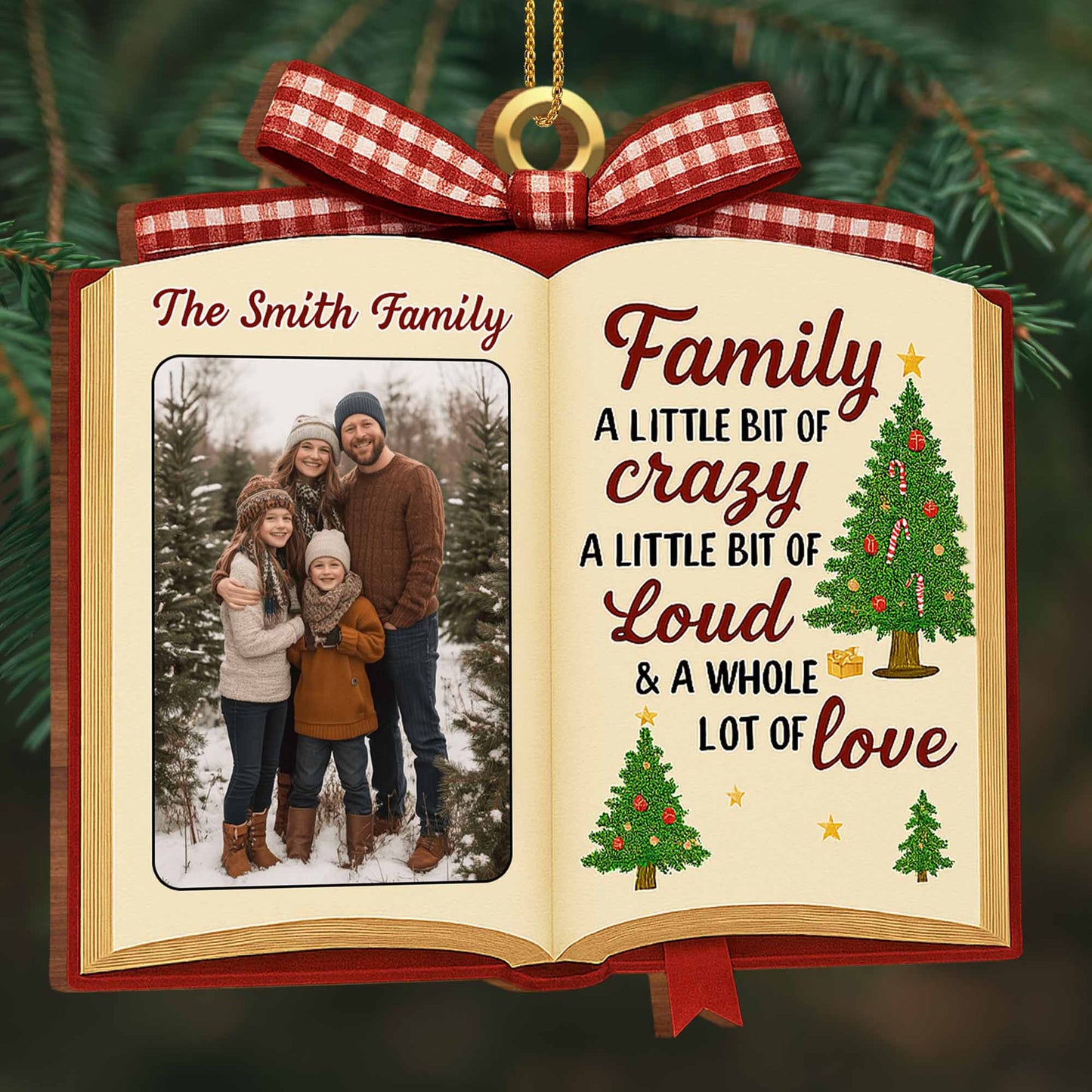 Family A Little Bit Of Crazy, Book & Christmas Tree Design - Personalized Custom Wood Ornament, Custom Shaped - FAM462_WDO