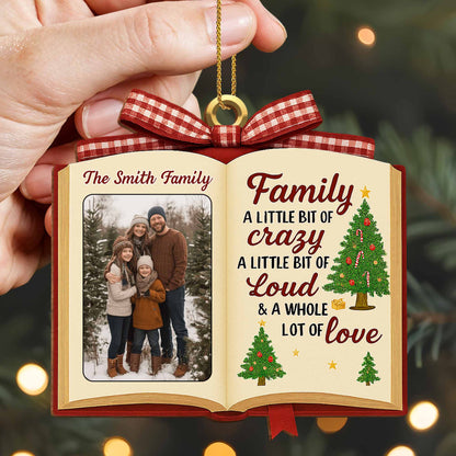 Family A Little Bit Of Crazy, Book & Christmas Tree Design - Personalized Custom Wood Ornament, Custom Shaped - FAM462_WDO