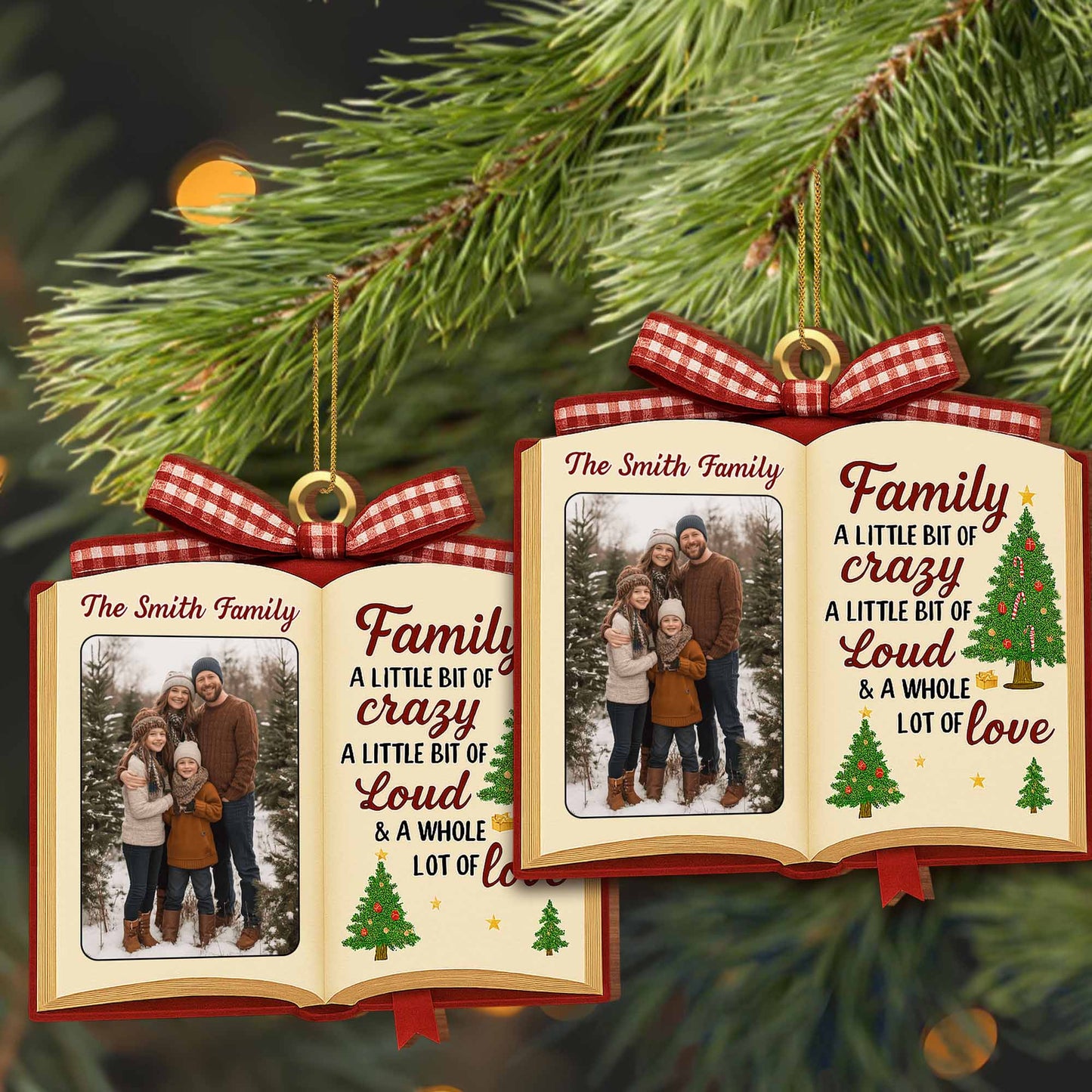 Family A Little Bit Of Crazy, Book & Christmas Tree Design - Personalized Custom Wood Ornament, Custom Shaped - FAM462_WDO
