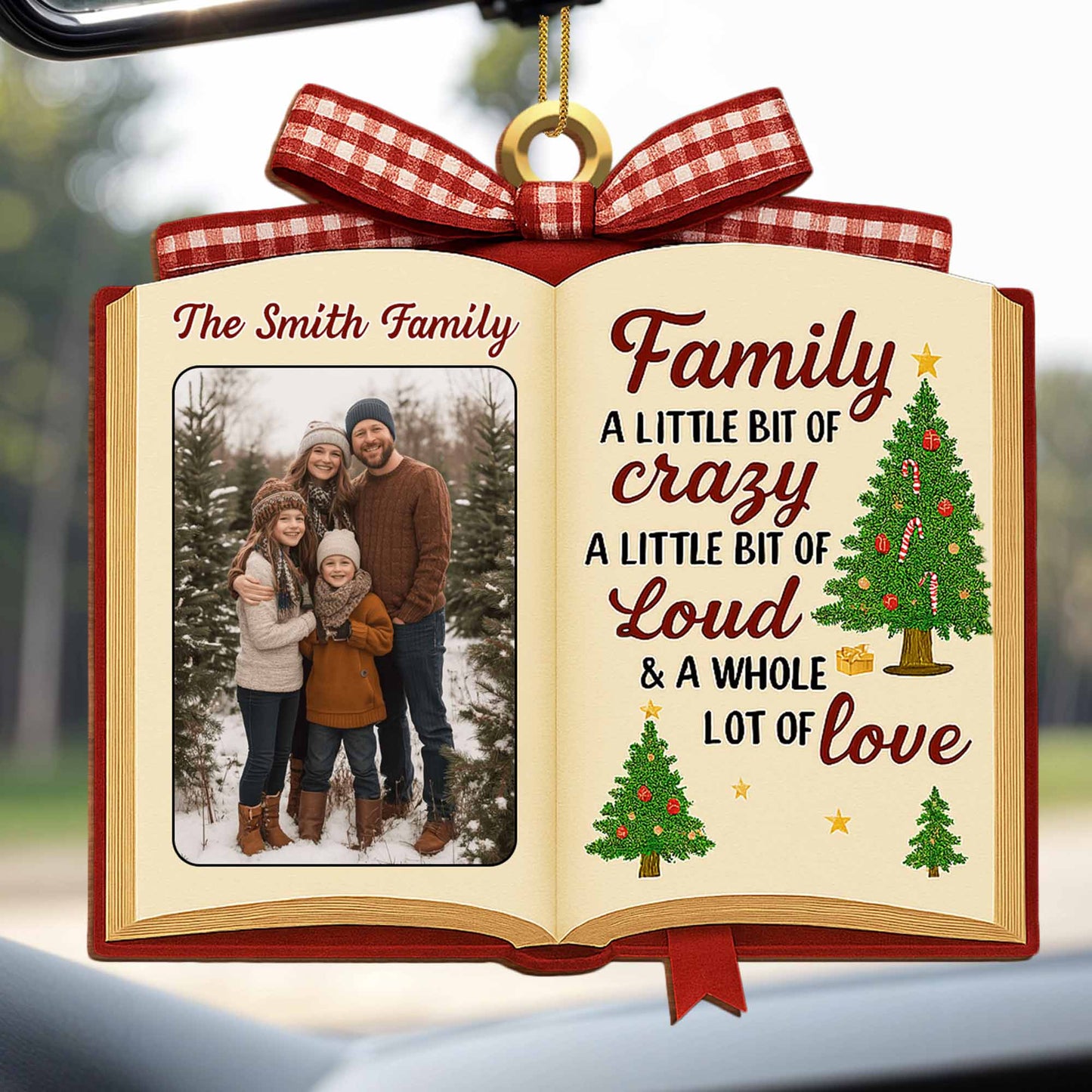 Family A Little Bit Of Crazy, Book & Christmas Tree Design - Personalized Custom Wood Ornament, Custom Shaped - FAM462_WDO