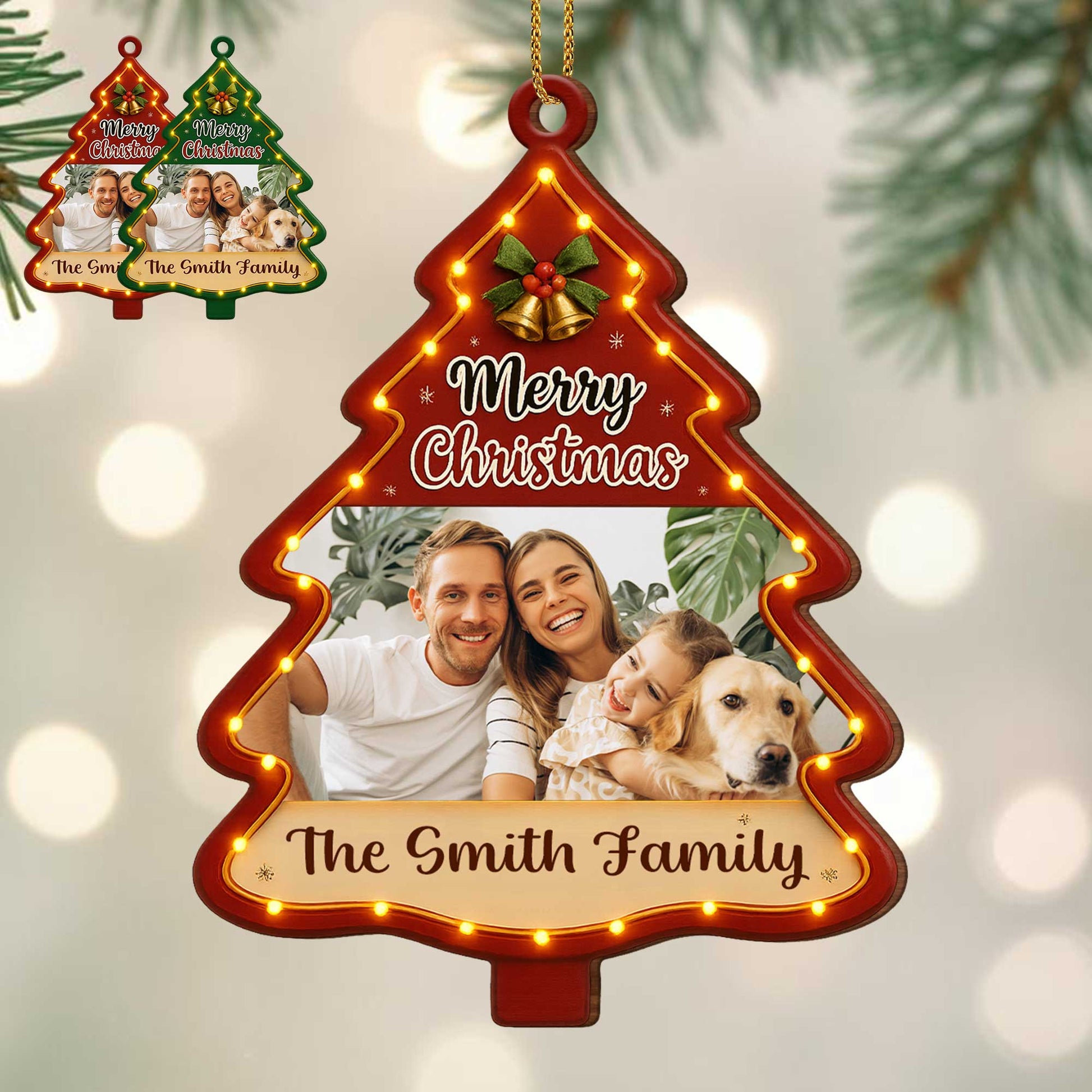 Merry Christmas Tree Ornament With Family Photo And Dog