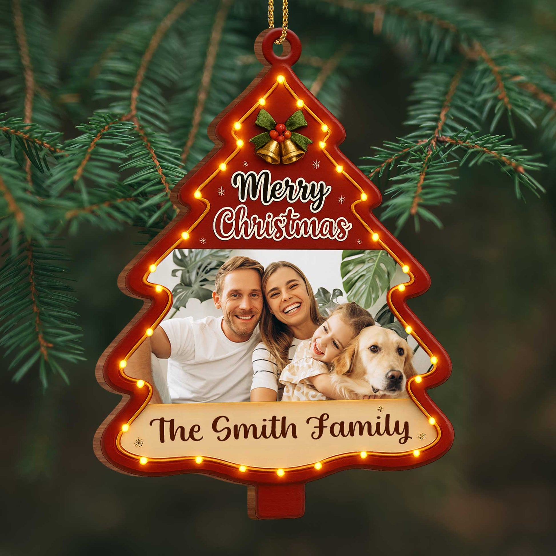 Merry Christmas Tree Ornament With Family Photo And Dog