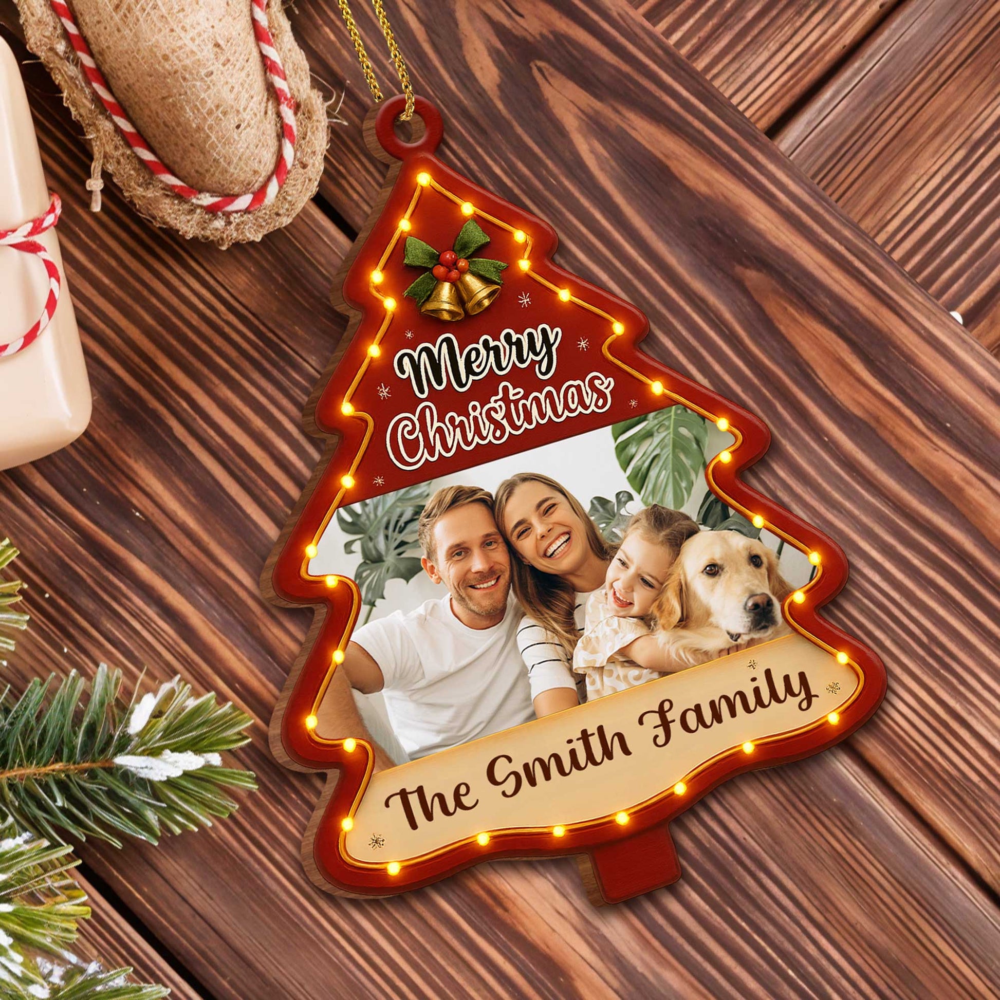 Merry Christmas Tree Ornament With Family Photo And Dog