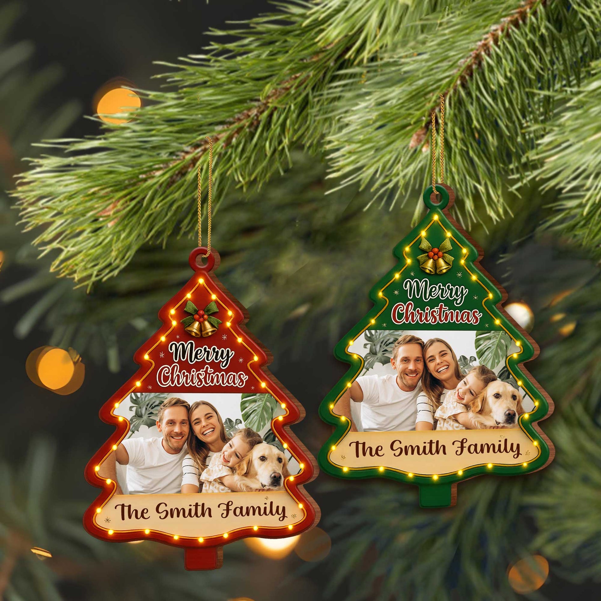 Merry Christmas Tree Ornament With Family Photo And Dog