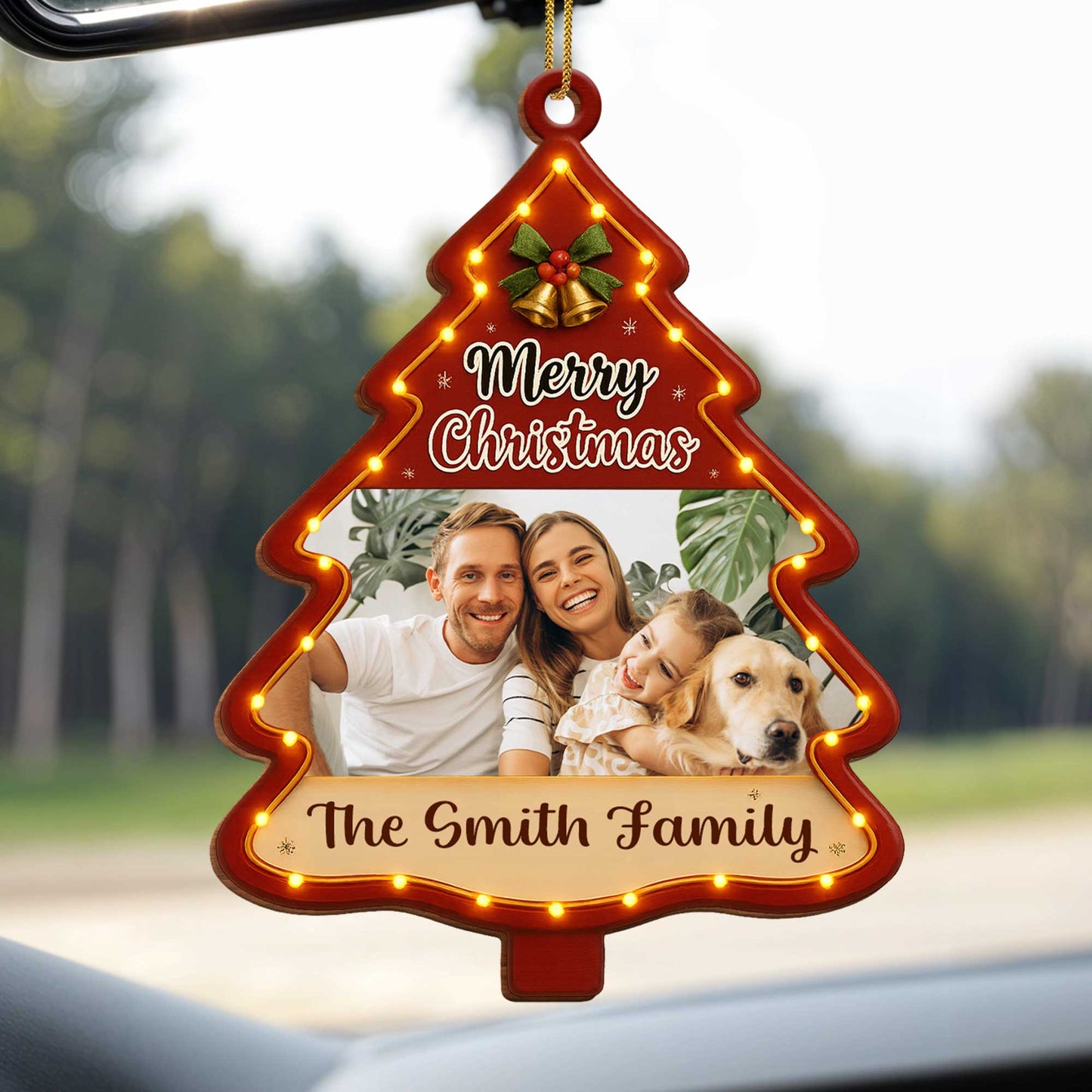 Merry Christmas Tree Ornament With Family Photo And Dog