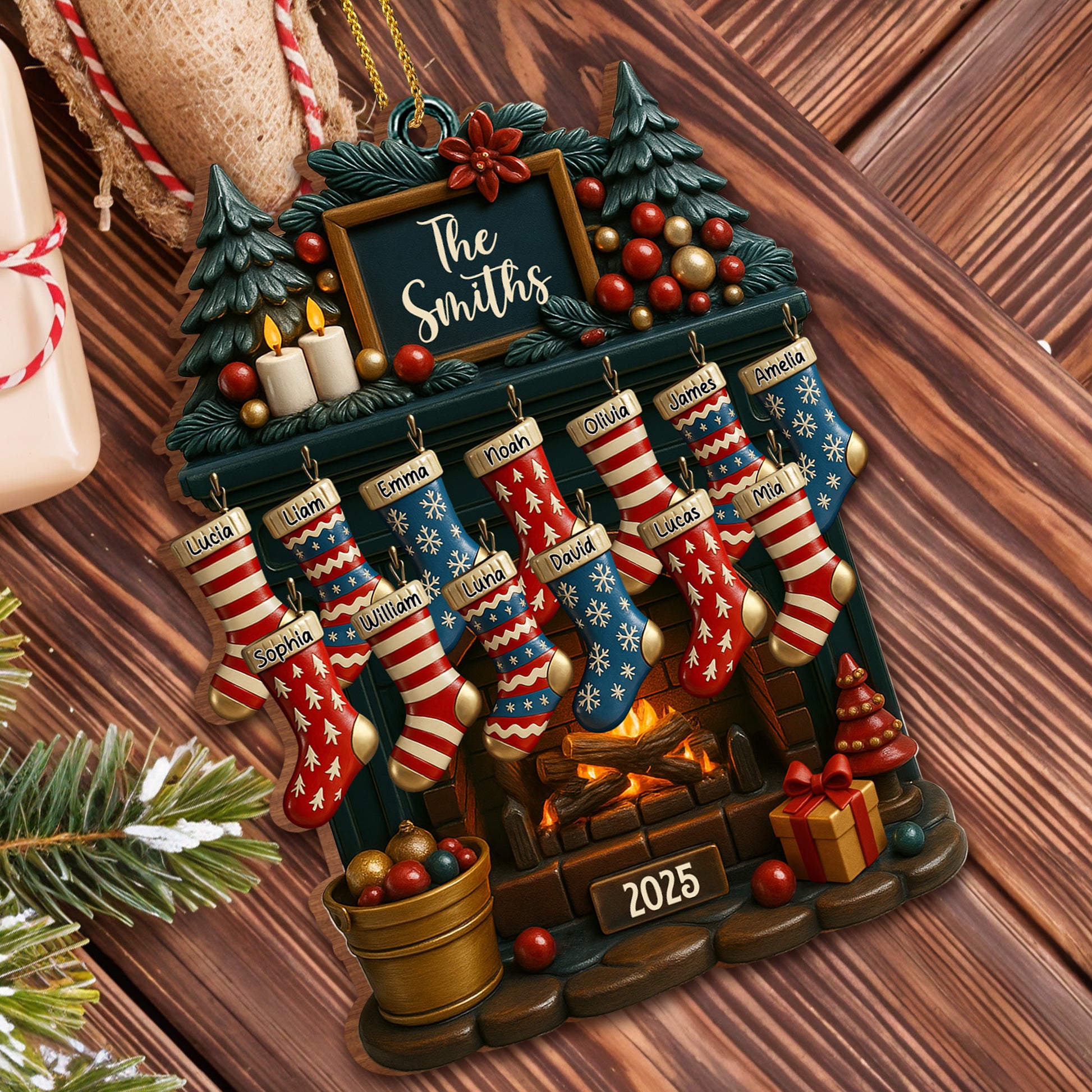 Holiday Gatherings Customized Family Name Wood Ornament