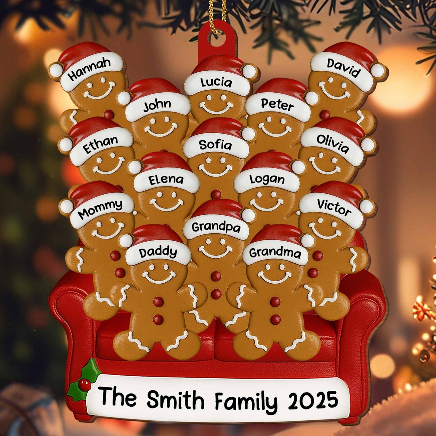 Family Gingerbread Ornament With Santa Hats