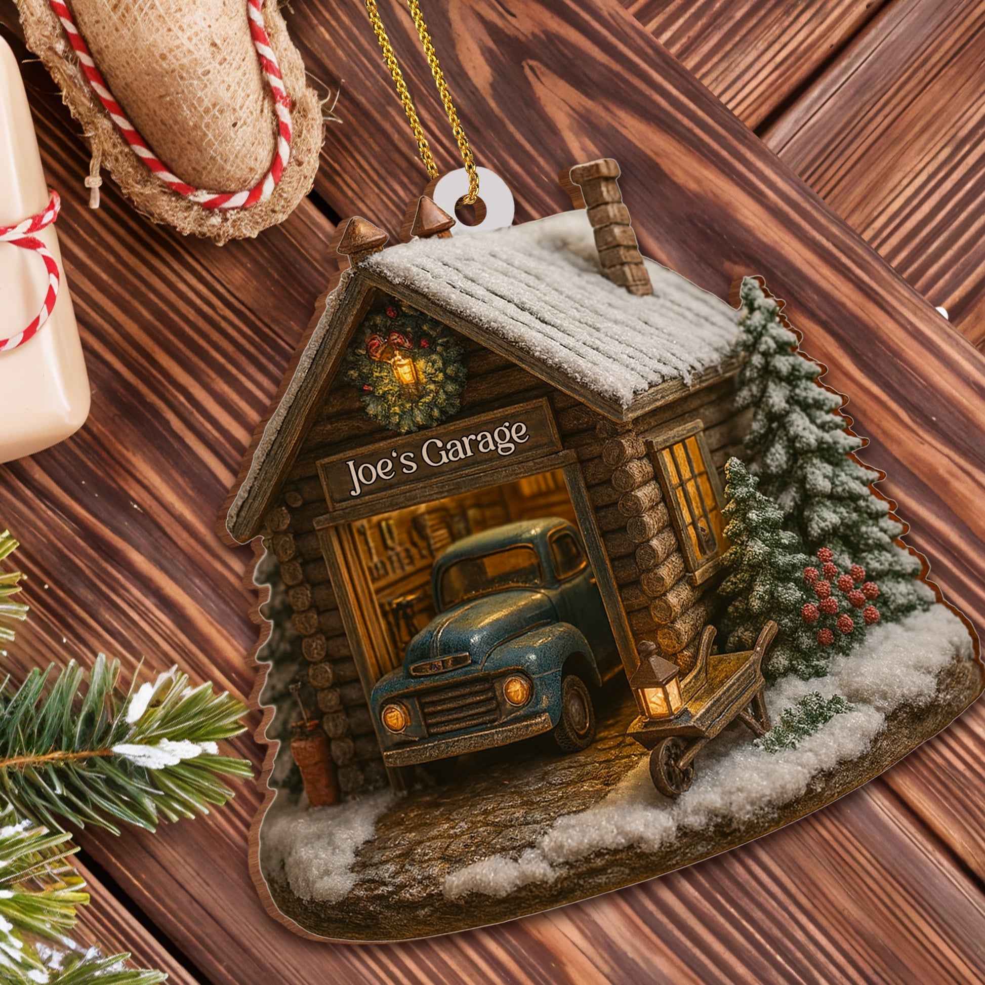 Welcome To Joe's Garage With Vintage Truck And Christmas Trees