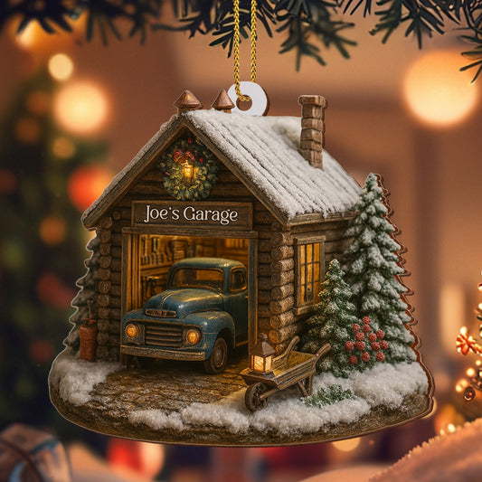 Welcome To Joe's Garage With Vintage Truck And Christmas Trees