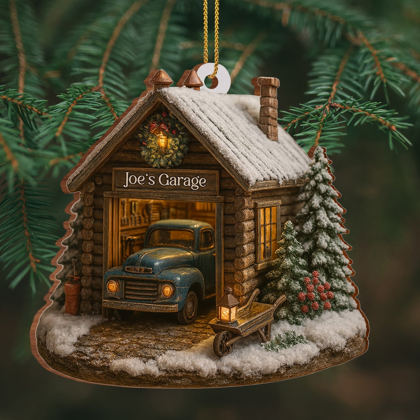Welcome To Joe's Garage With Vintage Truck And Christmas Trees