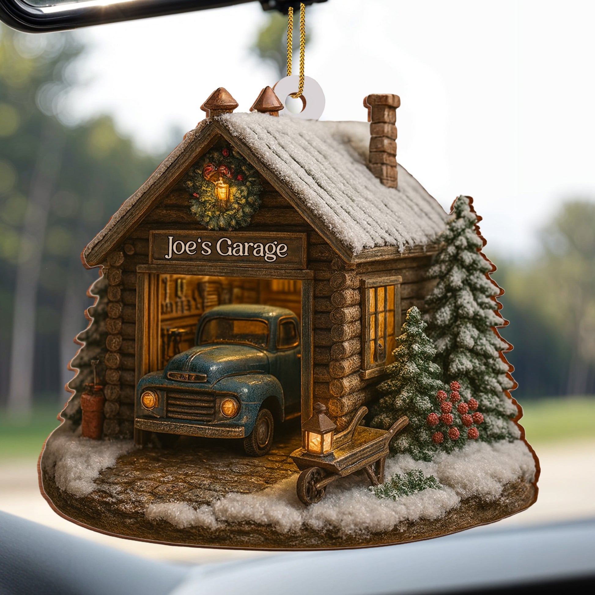 Welcome To Joe's Garage With Vintage Truck And Christmas Trees