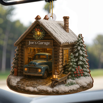 Welcome To Joe's Garage With Vintage Truck And Christmas Trees