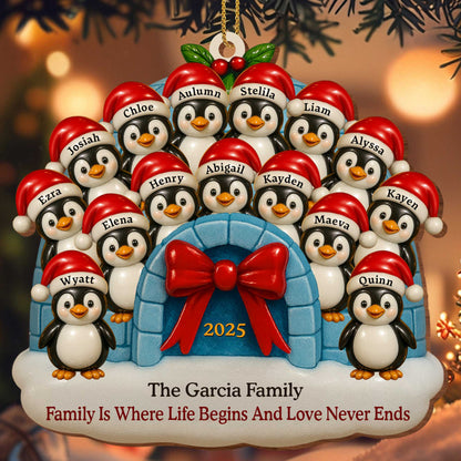 Adorno de pingüino "Familia donde la vida comienza y el amor nunca termina" - Adorno de madera personalizado, forma personalizada - FAM551_WDO