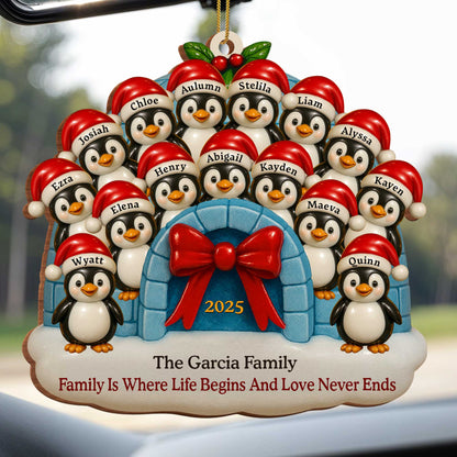 Adorno de pingüino "Familia donde la vida comienza y el amor nunca termina" - Adorno de madera personalizado, forma personalizada - FAM551_WDO