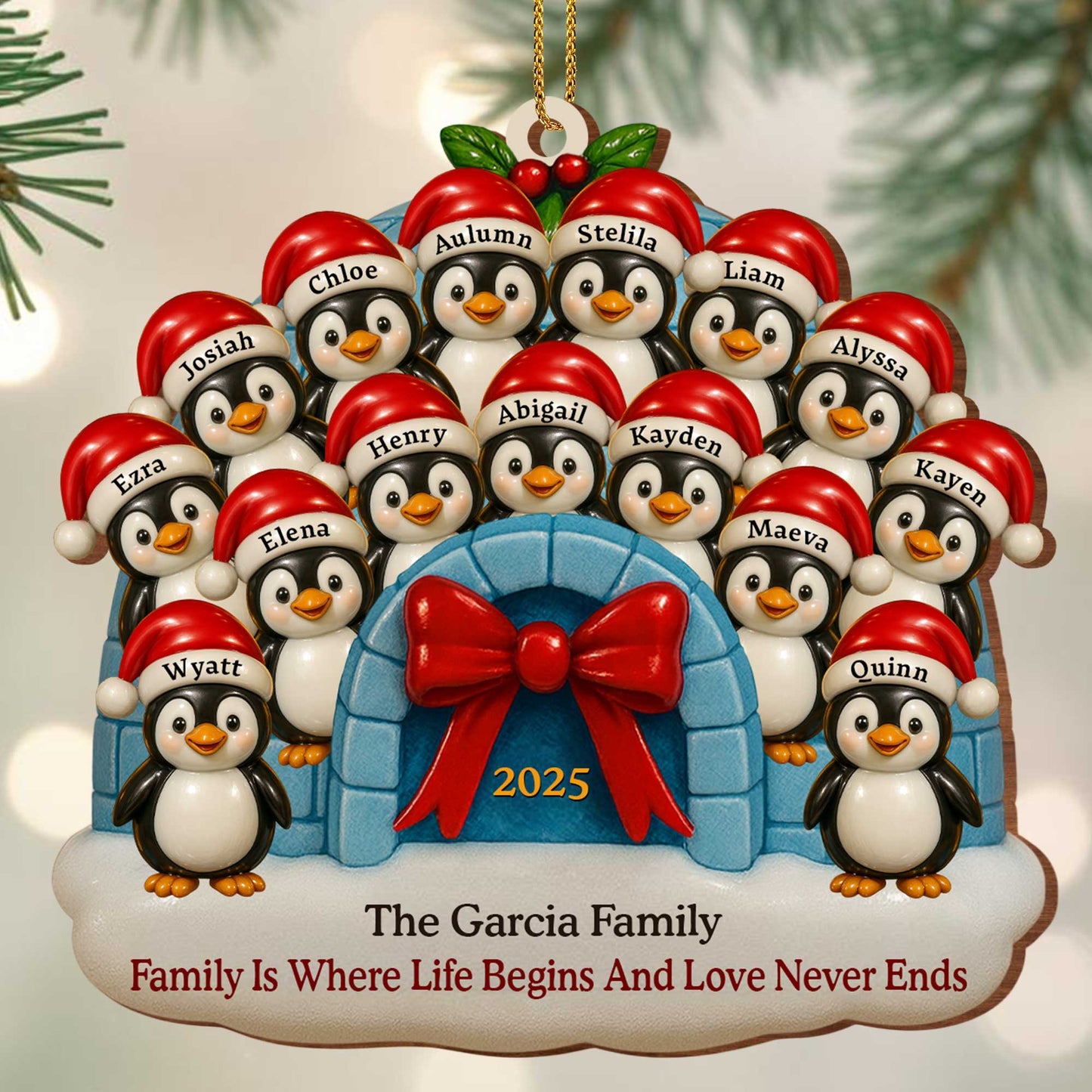 Adorno de pingüino "Familia donde la vida comienza y el amor nunca termina" - Adorno de madera personalizado, forma personalizada - FAM551_WDO