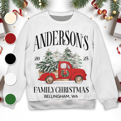 Family Christmas With Red Truck And Christmas Tree - Personalized Custom Ugly Sweatshirt, Unisex Wool Jumper  - FAM555_TWS