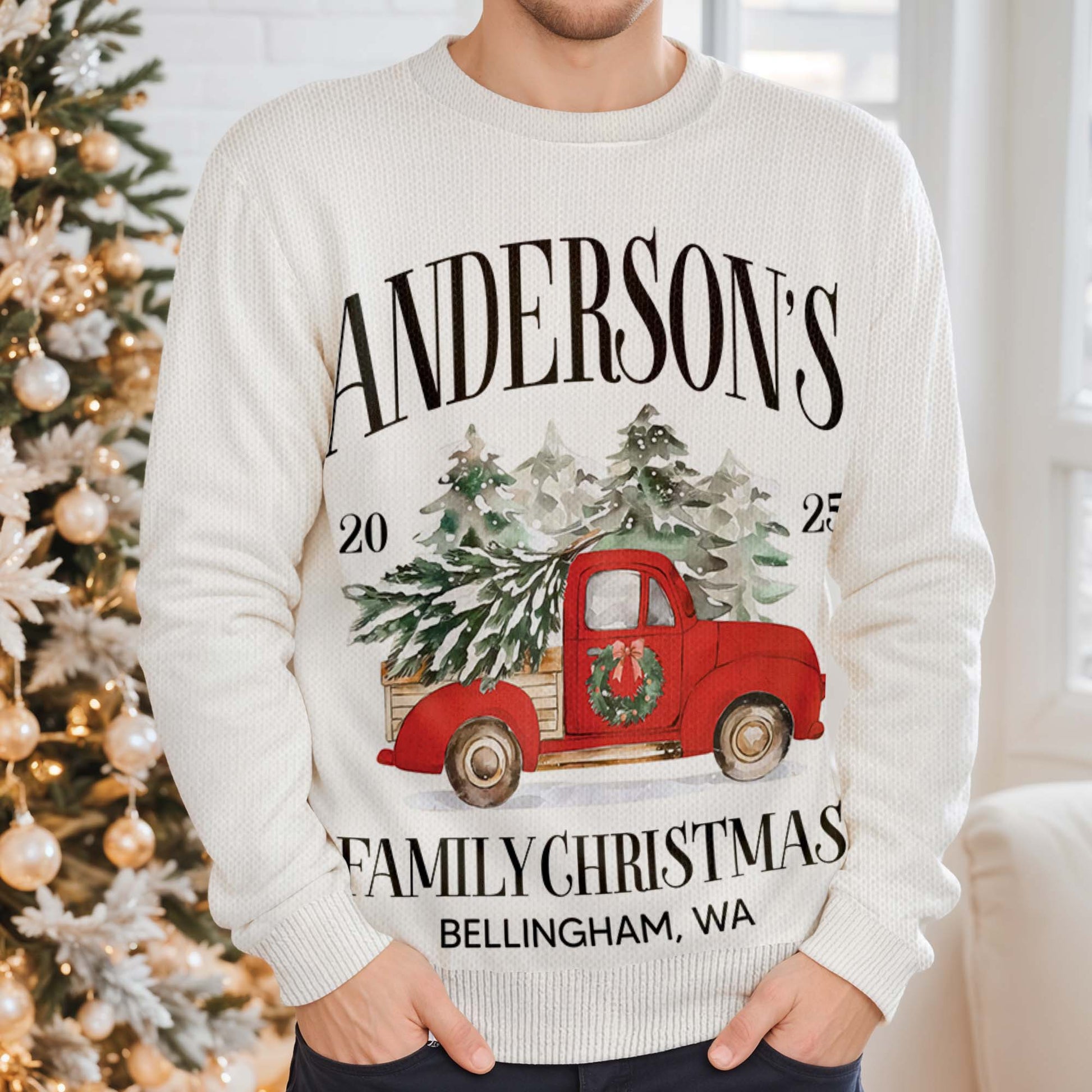 Family Christmas With Red Truck And Christmas Tree