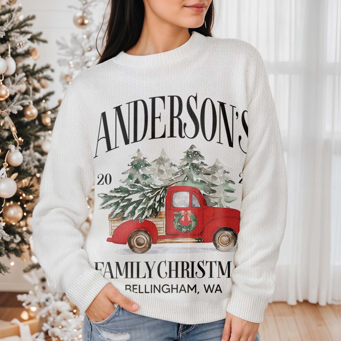 Family Christmas With Red Truck And Christmas Tree