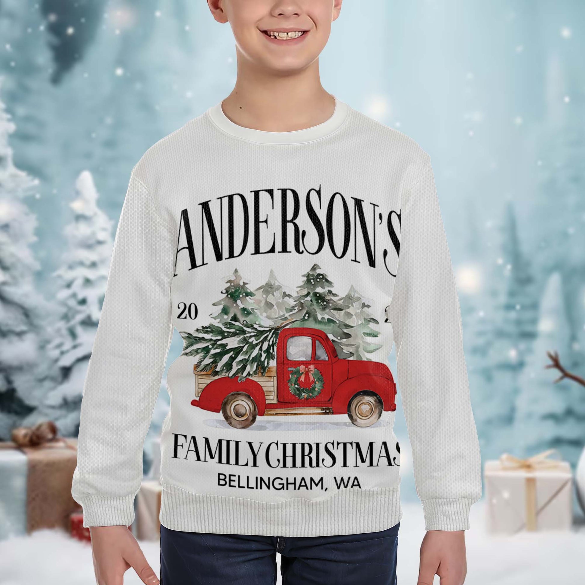 Family Christmas With Red Truck And Christmas Tree