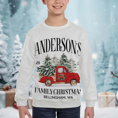 Family Christmas With Red Truck And Christmas Tree