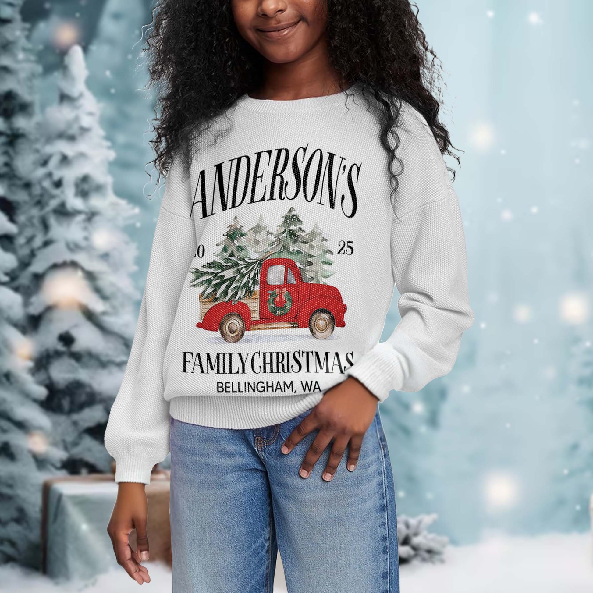 Family Christmas With Red Truck And Christmas Tree