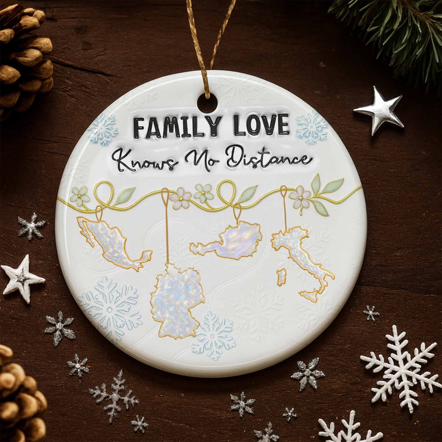 Family Love Knows No Distance With Snowflakes And Flowers