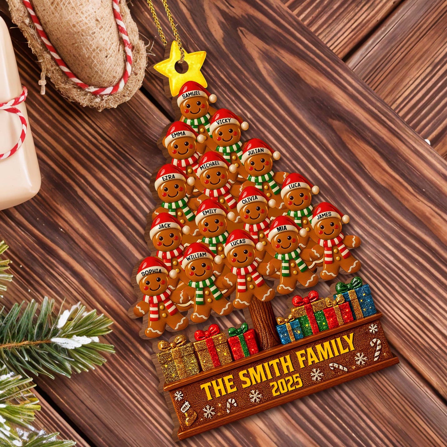 Family Gingerbread Christmas Tree - Personalized Custom Wood Ornament, Custom Shaped - FAM576_WDO