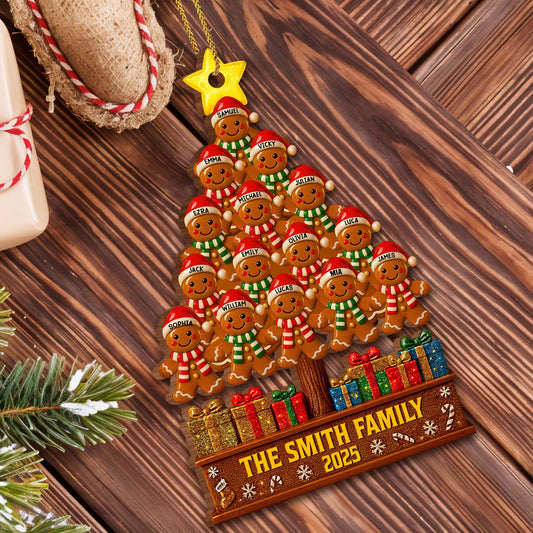 Family Gingerbread Christmas Tree - Personalized Custom Wood Ornament, Custom Shaped - FAM576_WDO