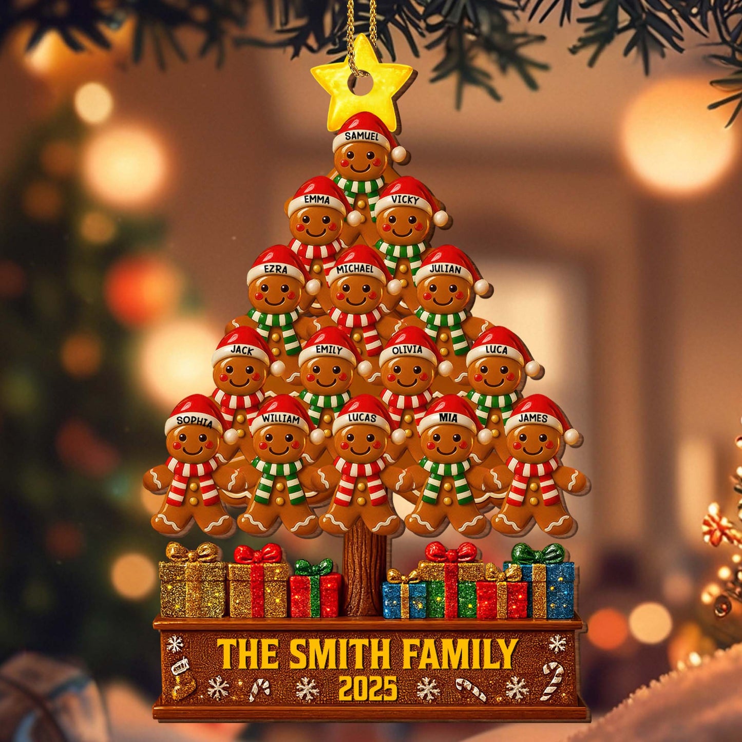 Family Gingerbread Christmas Tree - Personalized Custom Wood Ornament, Custom Shaped - FAM576_WDO