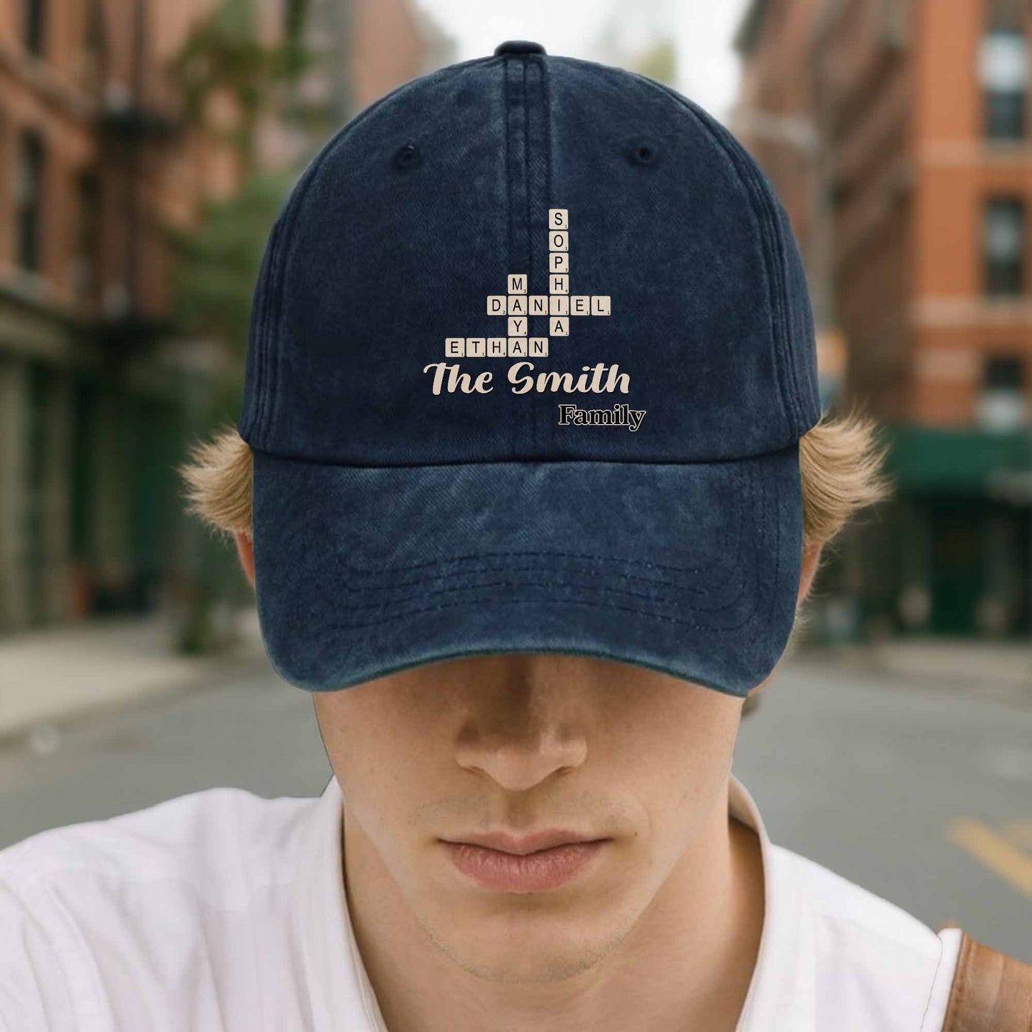 Celebrate Your Unique Family Heritage Crossword Design Cap - Personalized Custom Washed Denim Cap - FAM595_WDCAP