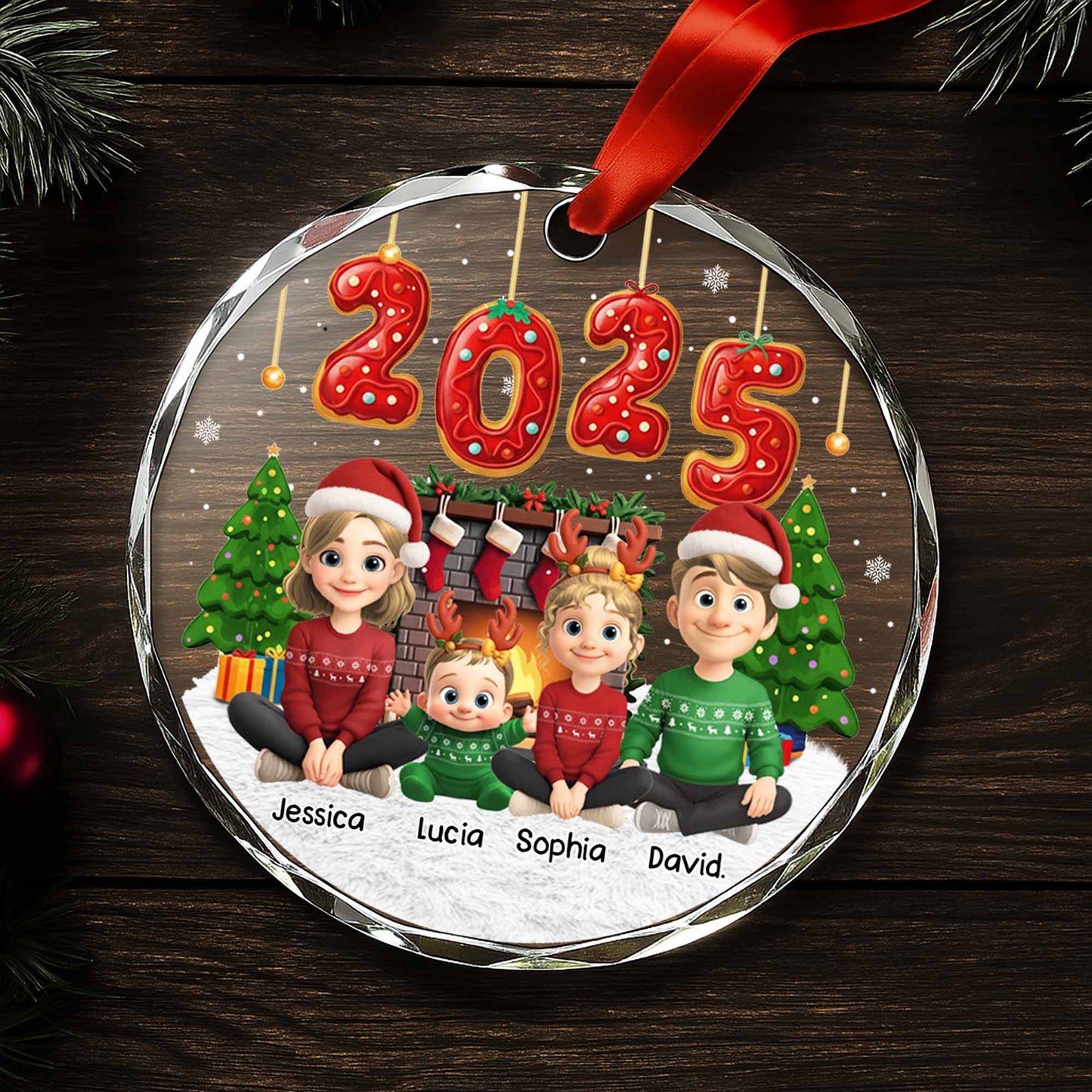 Personalize Festive Christmas Ornament With Cartoon Family