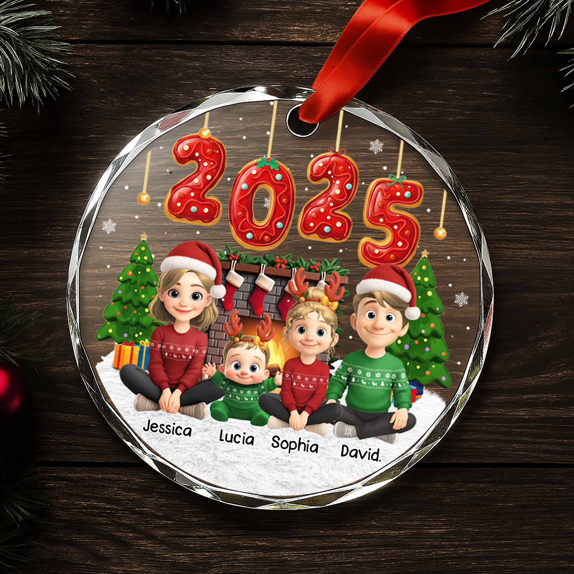 Personalize Festive Christmas Ornament With Cartoon Family