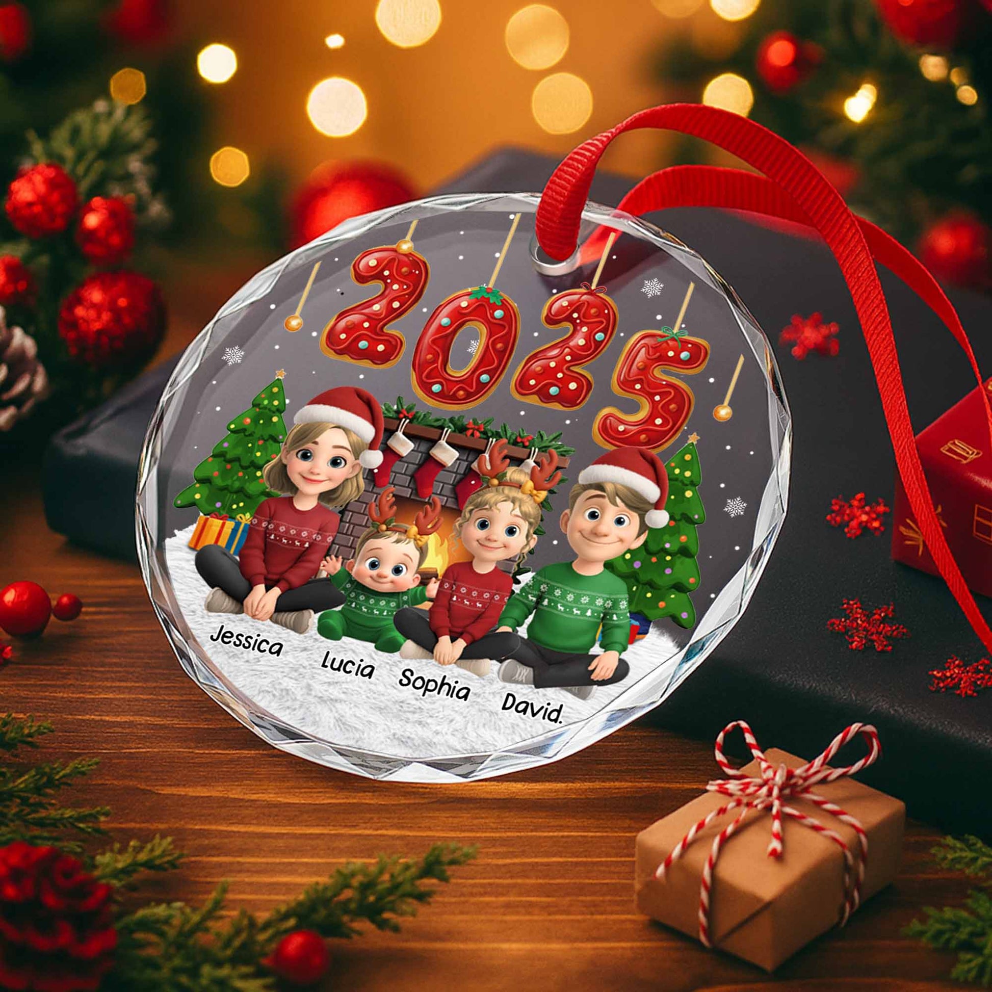 Personalize Festive Christmas Ornament With Cartoon Family